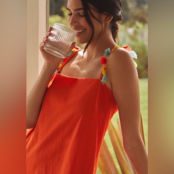 NWT ANTHROPOLOGIE Shift Mini Dress L Tassels Orange - Picture 2 of 13